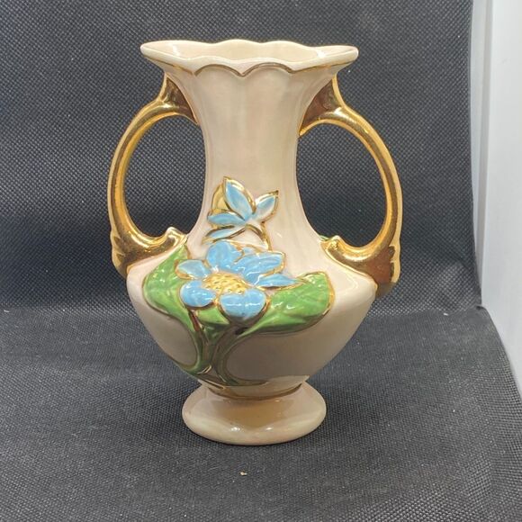 vintage hull art pottery magnolia vase 1940s pink  gold double handle 6in collec - Picture 2 of 6